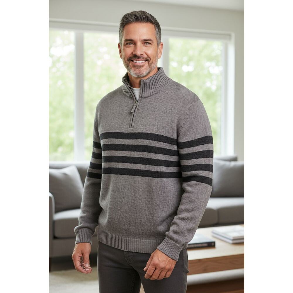 Tahari‎ 1/4 Zip Pullover Sweater Men's Sz XL Grey Heather Sporty Preppy Striped